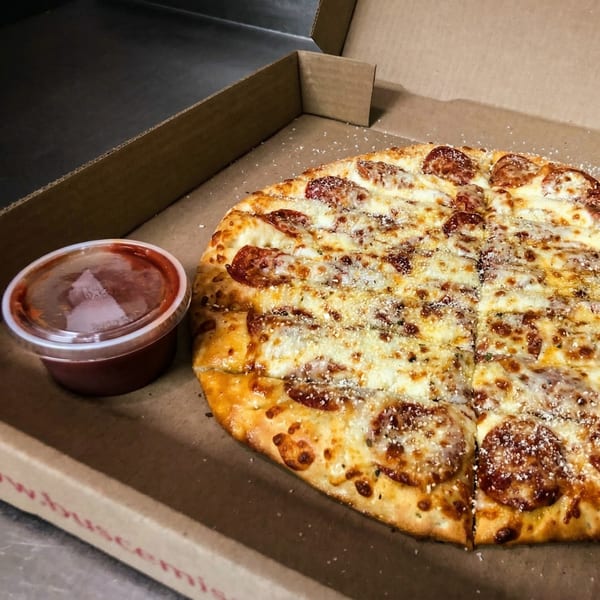 A pepperoni pizza, cut into squares, with a side of dipping sauce in a cardboard box.