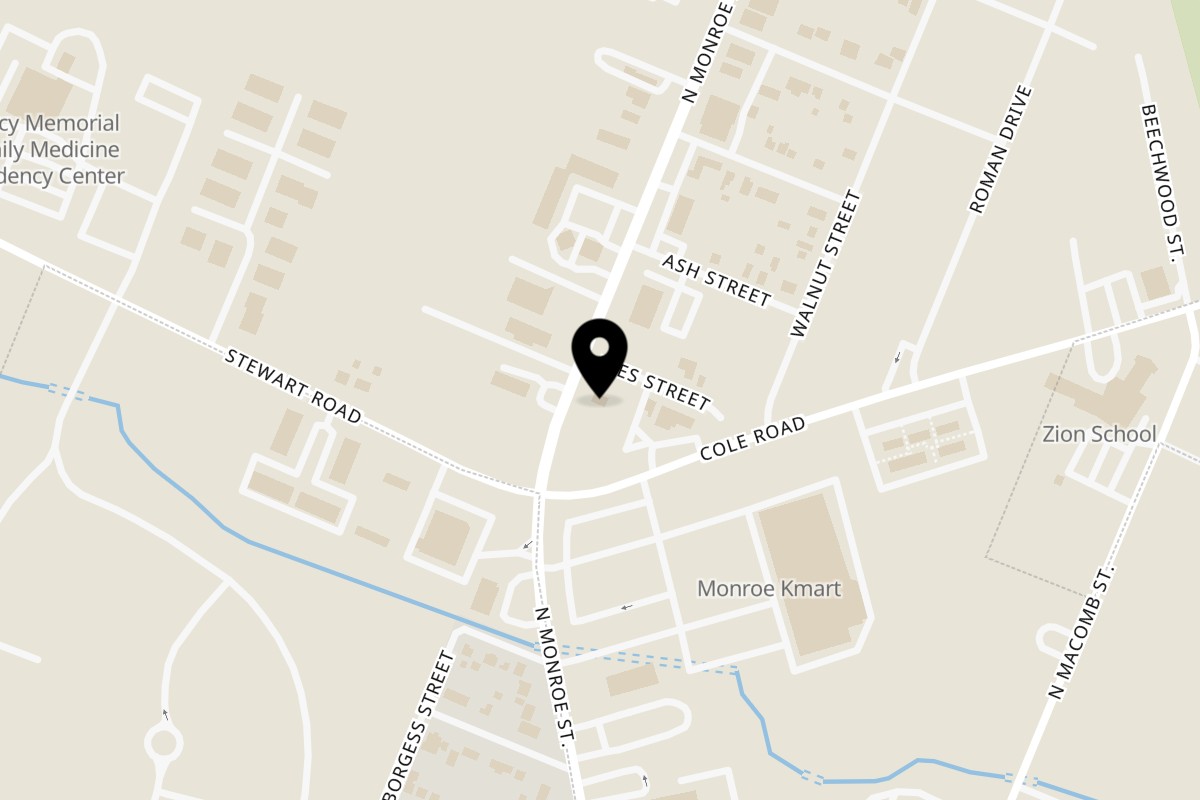 Map showing the location of Buscemis Pizza on 1386 N Monroe St in Monroe